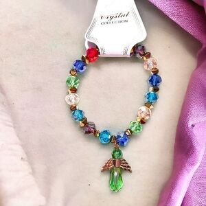 Multicolor Crystal Angel Charm Beaded Stretch Gold Tone Bracelet NWT